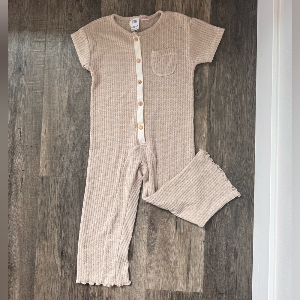 Zara Kids Beige Waffle Knit One-Piece Romper